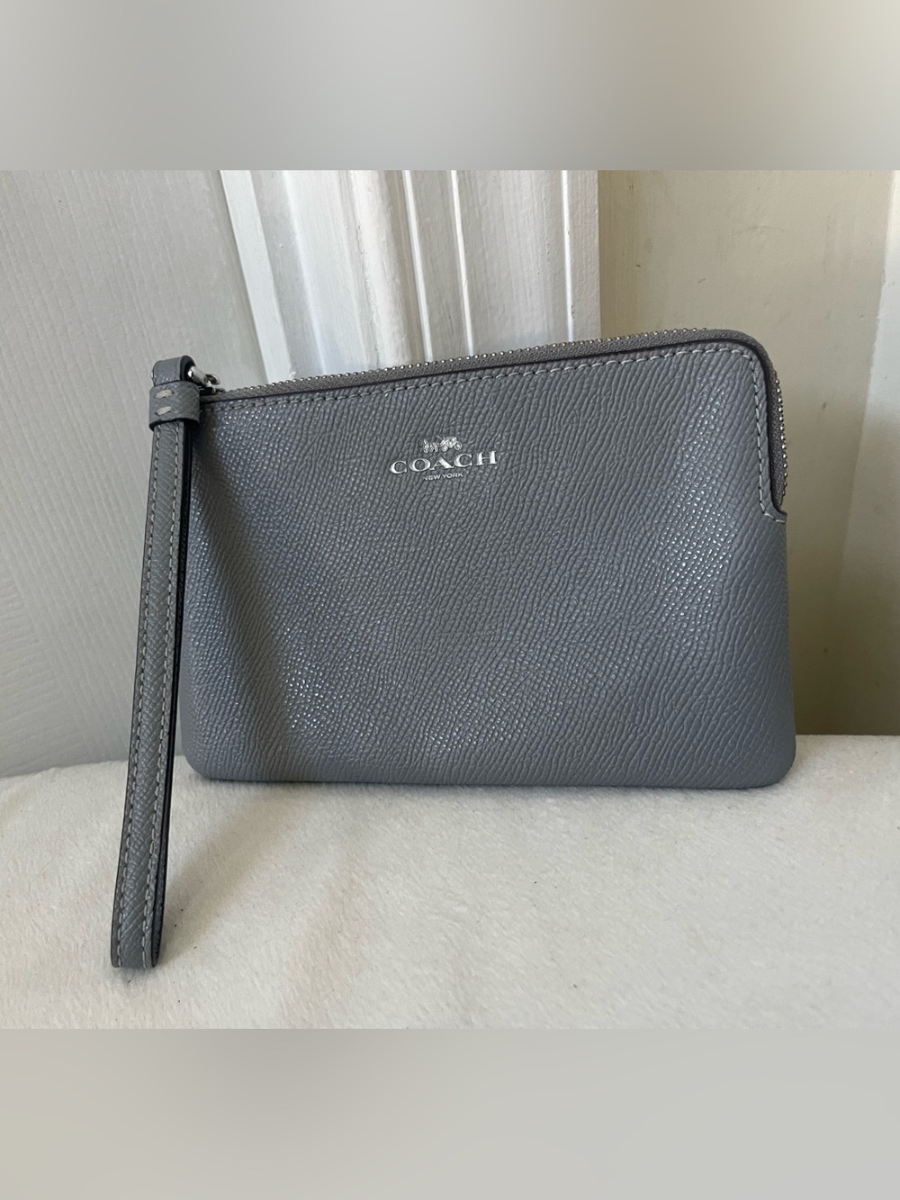 COACH Gray Pebbled Leather Toiletry Wristlet